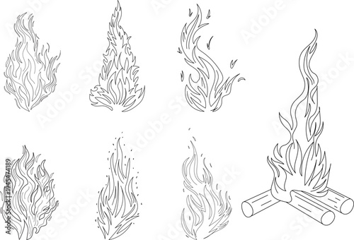 Burning fire illustration, set, vector