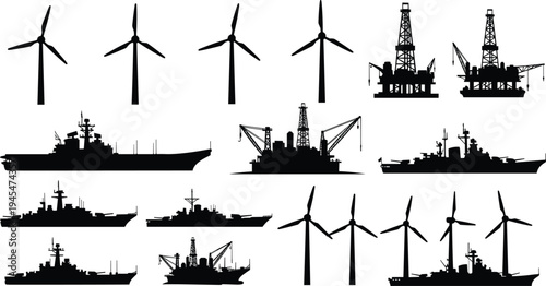 Maritime and energy infrastructure silhouette vector illustration set, diverse designs including wind turbines, oil rigs, and naval ships, creative resource for industry, energy,