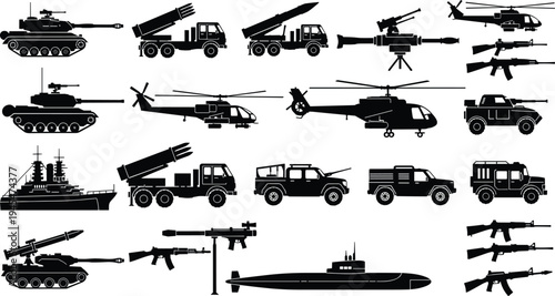 Military equipment silhouette vector illustration set, diverse designs including tanks, helicopters, ships, rifles, and missile launchers, creative resource for defense, combat, and educational themes