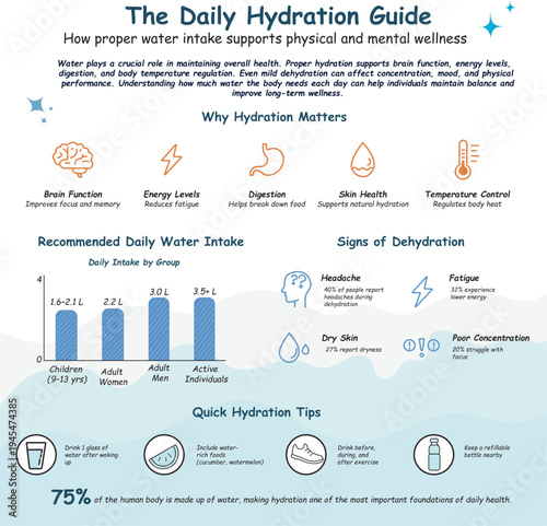 Daily Hydration Guide: Explore the crucial role of hydration in maintaining physical and mental wellness. This comprehensive infographic unveils key insights into optimal water intake, its benefits.