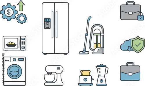 Modern home appliances and household electronics vector collection featuring a microwave refrigerator washing machine vacuum cleaner and kitchen equipment.