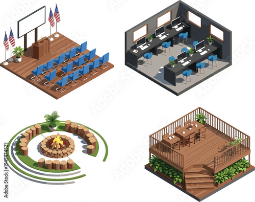 Isometric interior and outdoor spaces vector set, conference hall office workspace campfire area and wooden terrace illustration