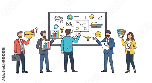 Business people standing in front of whiteboard with marketing strategy