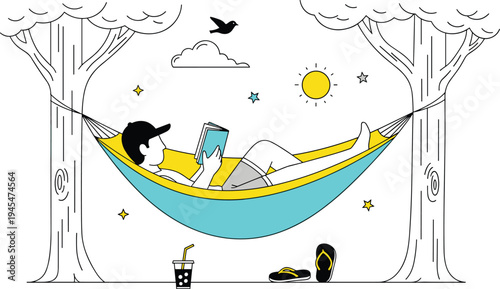 Man relaxing in hammock reading book vector illustration, summer leisure outdoor nature scene between trees vacation relaxation concept