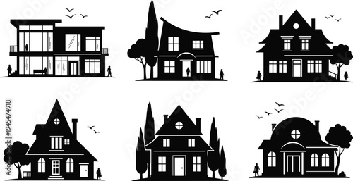 House silhouette collection with modern and classic homes, residential buildings, architecture set, black vector property icons isolated design