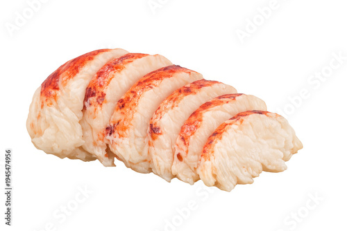 Sliced cooked lobster tail meat on transparent background