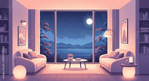 Cozy and modern living room interior with soft lighting, offering a tranquil night view of a serene lake and moonlit mountains for peaceful relaxation