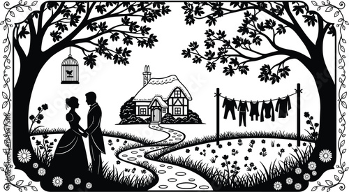 Romantic countryside couple silhouette with cottage, trees, garden landscape, love scene illustration, vintage rural life black vector artwork