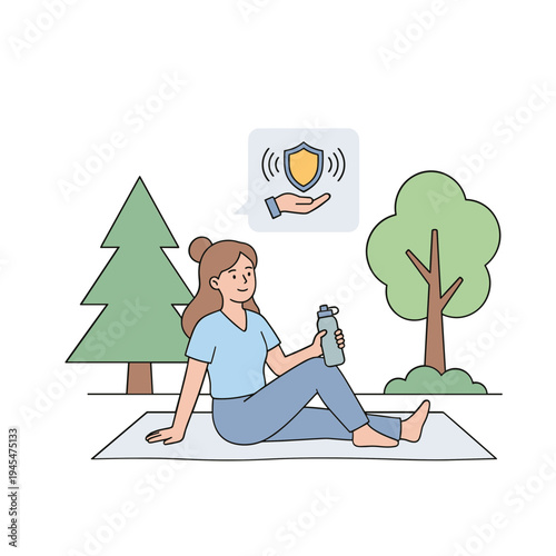 Woman practices yoga outdoors with protective shield symbol nearby trees.