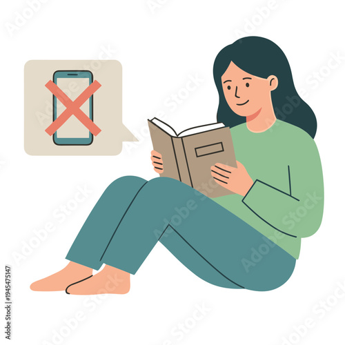 Woman reads book while ignoring phone message on screen.