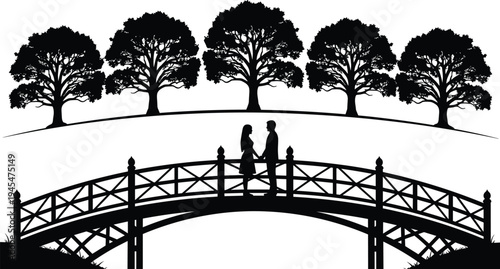 Romantic couple silhouette standing on bridge in park, love scene with trees landscape, relationship illustration vector artwork