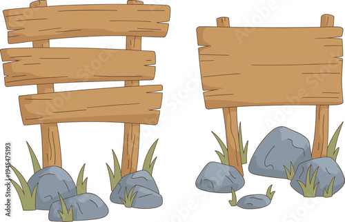 Rustic wooden signpost board vector set with stone and grass, blank timber direction plaque for outdoor landscape game design