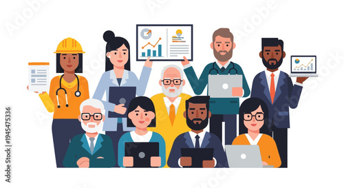 Diverse group of people with laptops and documents smiling