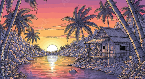 Tropical island, palm trees, serene river landscape, sunset
