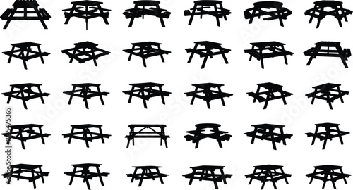Set of wooden picnic table silhouettes isolated collection outdoor furniture icons black bench table shapes for design pack vector bundle