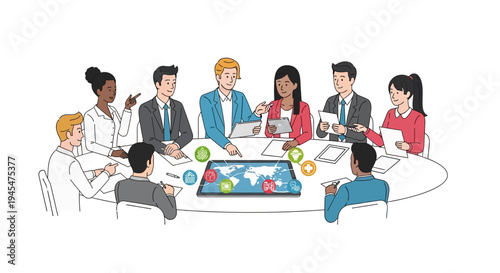 Diverse group of business people in a meeting around a table with a tablet
