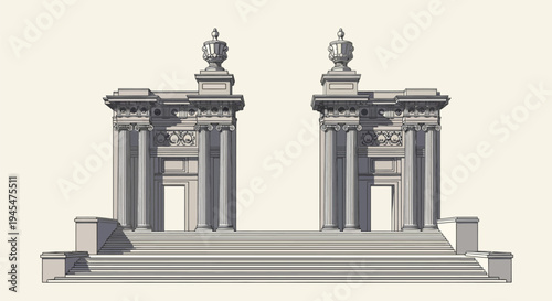 Architectural columns, gate, monument illustration, gray stone, vector graphics