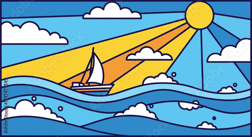 Sailing, sunny day, ocean waves, cartoon landscape, vector illustration