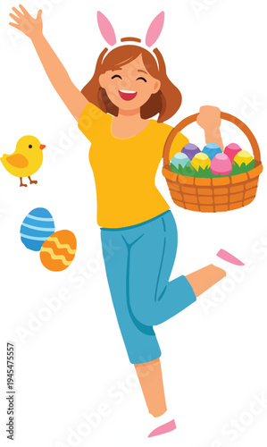 Vector Family Member Celebrating Easter Holiday Full Body featuring Person Holding Decorated Egg and Basket for Spring Festival and Religious Celebration Graphic Design