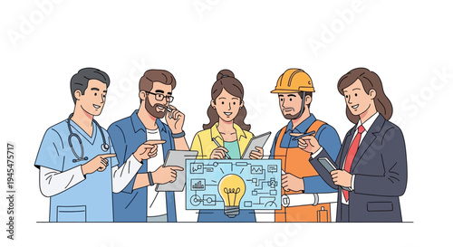 Diverse professionals brainstorming with blueprints and gadgets