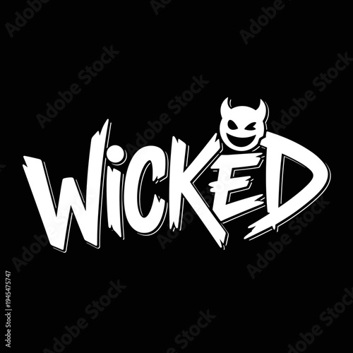Wicked Logo with Devil Face Illustration.