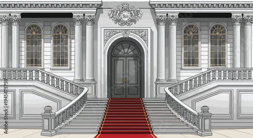 Luxury building entrance, grand staircase, red carpet, classic architecture, vector illustration