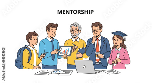 Mentorship concept with diverse group of people discussing business strategy and education