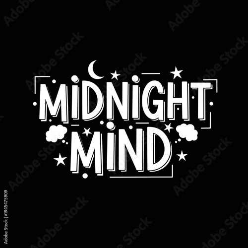 Midnight Mind creative typography design with stars and moon.