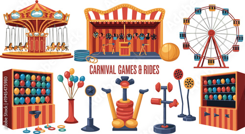 Carnival Games and Rides Collection Featuring Funfair Attractions like Ferris Wheel, Swing Ride, Balloon Darts, and Ring Toss for Event and Amusement Graphics