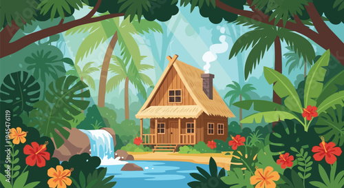 Tropical jungle, hut, waterfall, lush foliage, exotic landscape, eco retreat