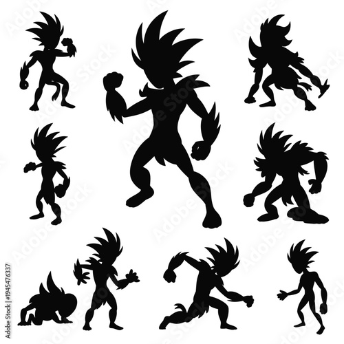 A collection of black silhouettes of a cartoon character in various poses