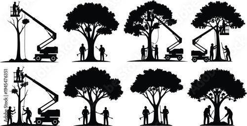 Tree trimming service silhouettes collection, arborist workers cutting branches with lift truck, professional tree care maintenance illustration set