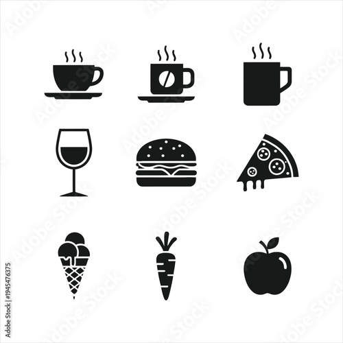 Food and drink silhouette icons with coffee cup mug wine glass burger pizza slice ice cream carrot and apple fruit