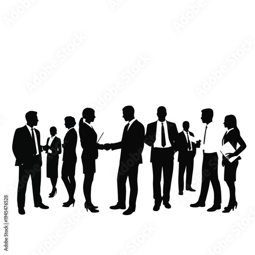 A group of business professionals shaking hands in formal attire