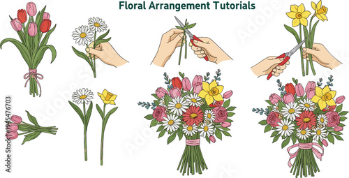 Floral Arrangement Tutorial Set Featuring Step-by-Step Guide with Tulips, Daffodils, and Daisies for DIY Flower Bouquet Designs