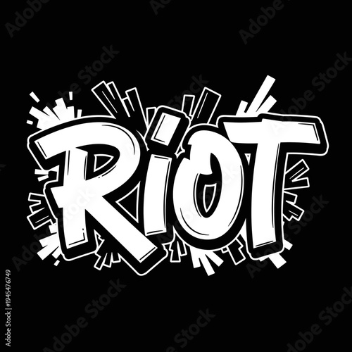 Graffiti Style Word Riot Bold White Letters Black Background.