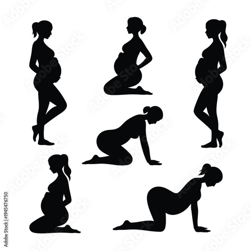 A pregnant woman in various yoga poses and stretches.
