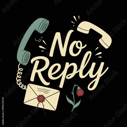 Vintage illustration of no reply message with telephones and envelope.