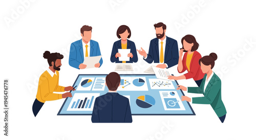 Business people meeting around a table with charts and graphs