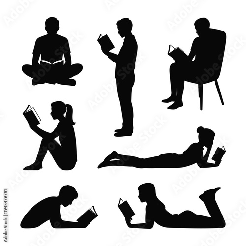 Silhouettes of people reading books in various comfortable positions