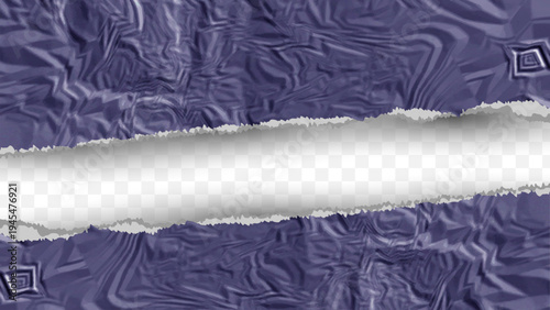 Torn Paper Banner with Transparent Center on Abstract Purple Background Ripped Paper Edge Frame Template for Text Design and Creative Poster Layout