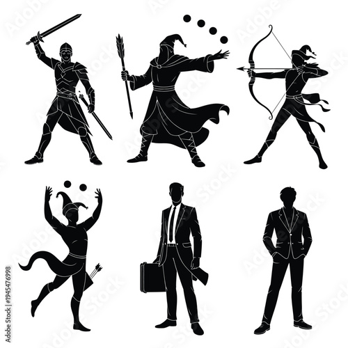 A group of black silhouettes of people in various poses and costumes