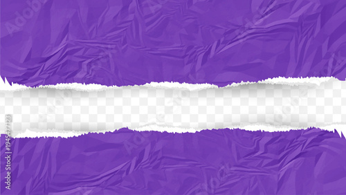 Horizontal Torn Paper Banner with Transparent Center on Purple Crumpled Paper Background Ripped Paper Edge Frame Template for Text Poster and Advertising Design