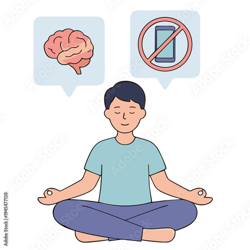 Man meditates peacefully outdoors avoiding phone with brain thoughts