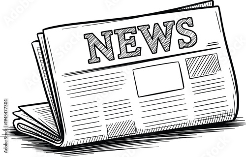 Hand Drawn Newspaper with the Word News on a White Background Keywords: newspaper, news, paper, reading, information, media