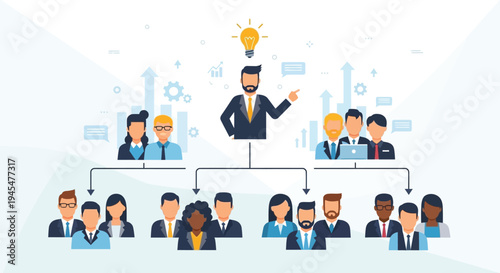 Business organization chart, corporate hierarchy, team leadership, management structure, company workflow