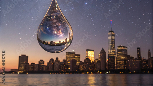 A shimmering water droplet beautifully reflects the vast beauty of a distant galaxy, symbolizing a deep cosmic connection within our bustling urban world.