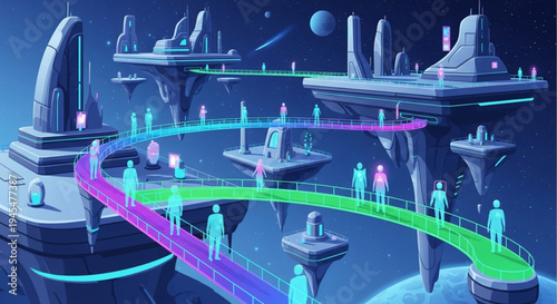 Virtual Future Avatars traverse glowing pathways connecting futuristic floating islands in a cosmic digital world, symbolizing global interaction