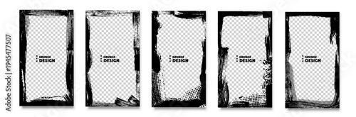 Grunge Design Frame Templates Set - Black Brush Stroke Borders with Halftone Patterns on Transparent Background