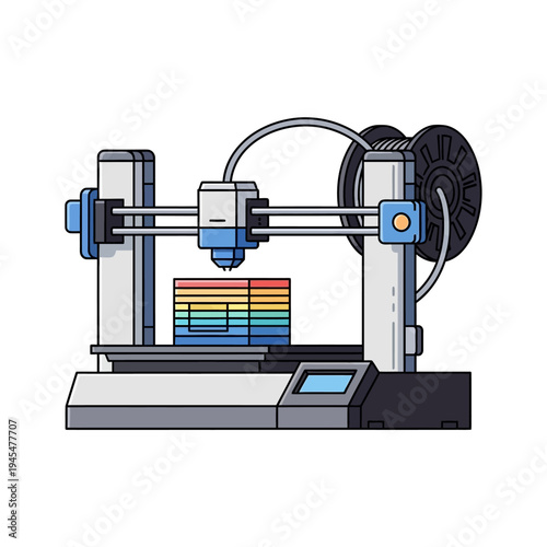3D printer creating a stack of colorful objects with a spool of filament on the side.